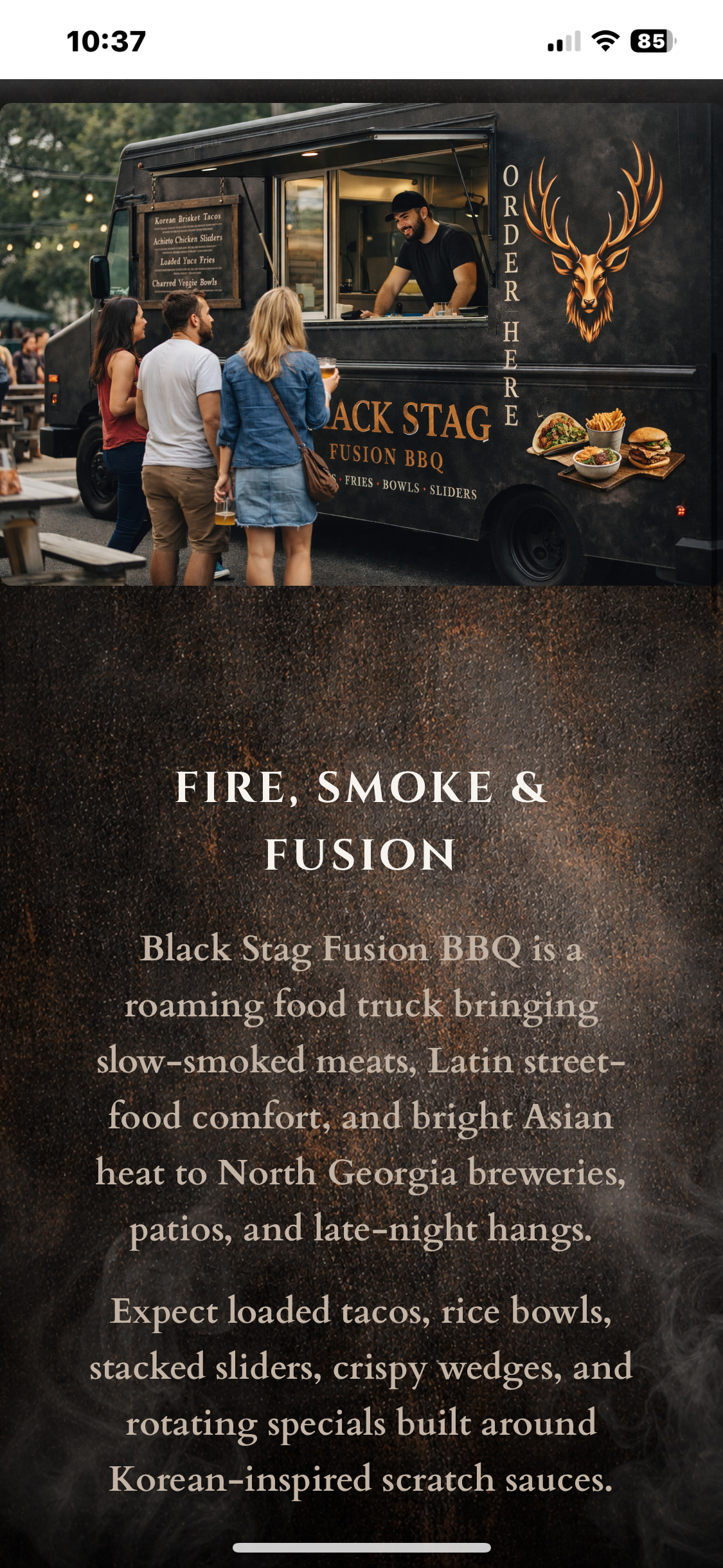 Black Stag Fusion BBQ website — mobile view
